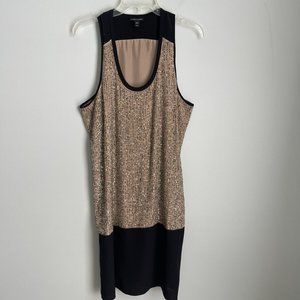 Eileen Fisher Black Beige Rivulet 100% Silk Embellished Sleeveless Dress